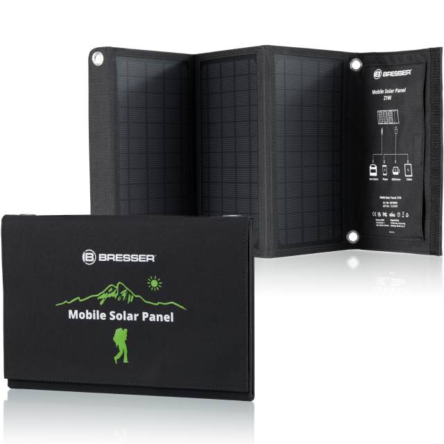 Chargeur solaire portable BRESSER 21 Watt avec port USB et connecteur d’alimentation 