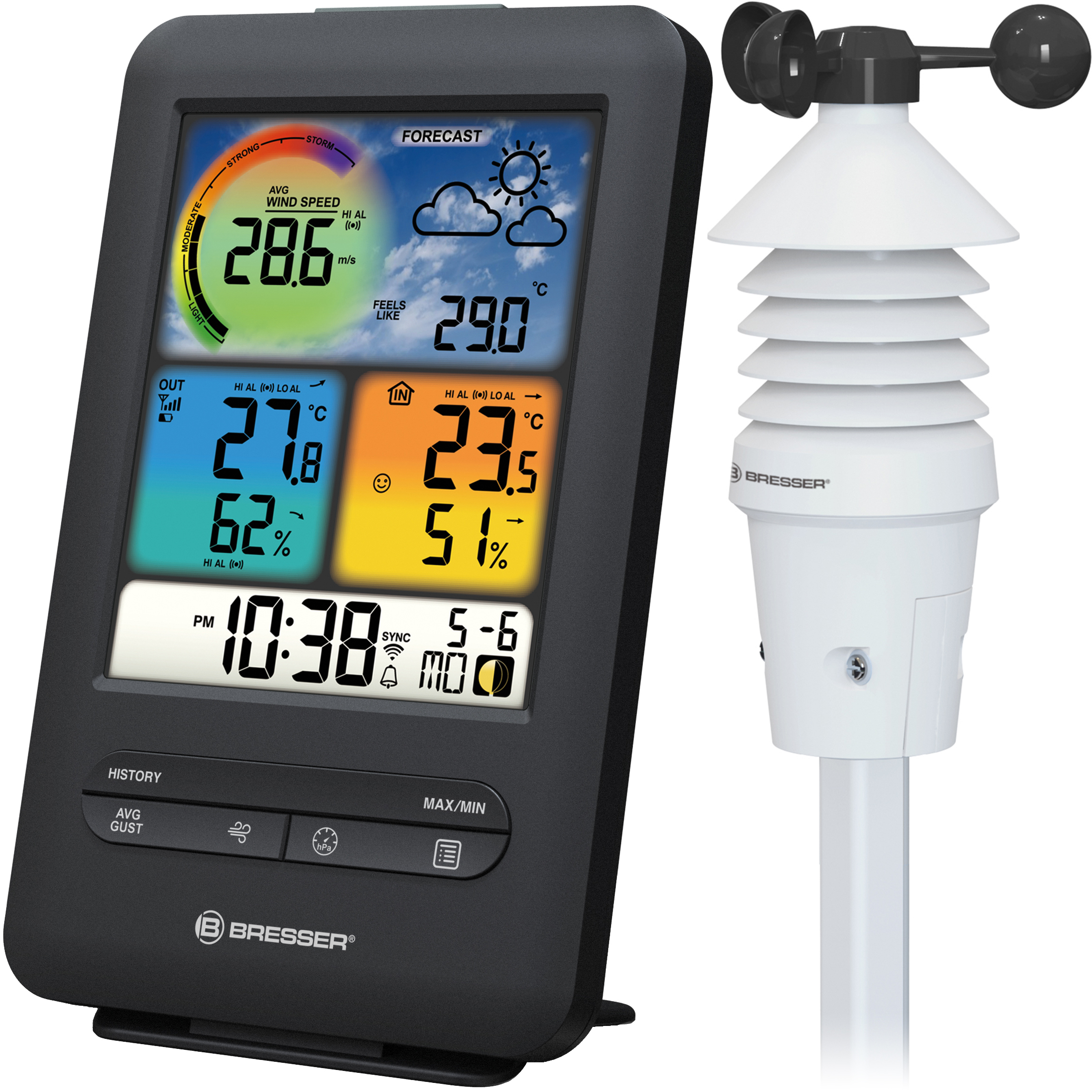 Bresser Wireless Weather Station with Outdoor Sensor WLAN Professional Wind Gauge 3-in-1 with Colour Display